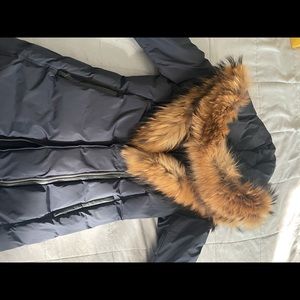 Blue Puffer Short Coat with Rabbit Fur Hood